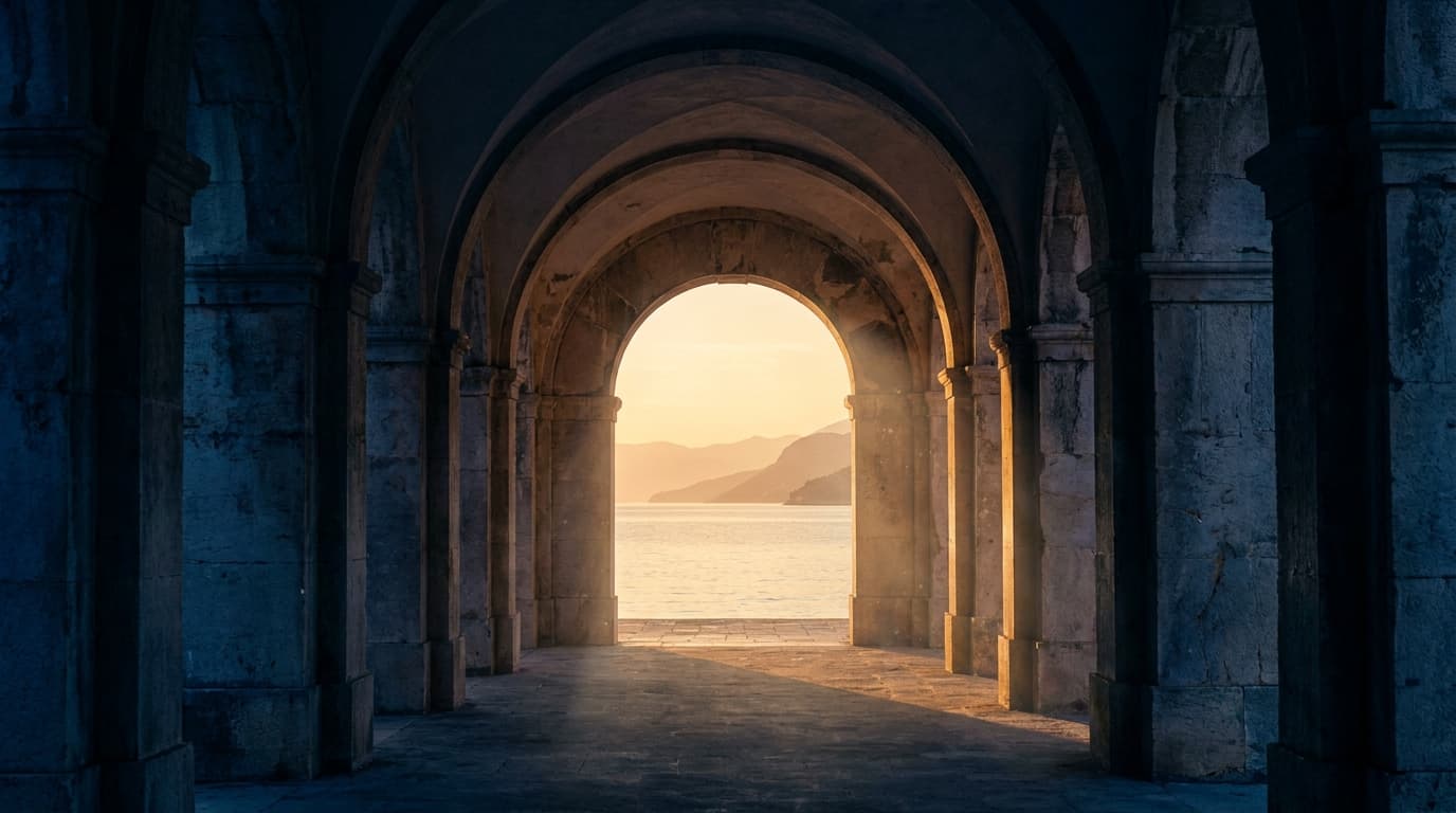 Mediterrane Steinarkade, die sich zum goldenen Adria-Licht öffnet