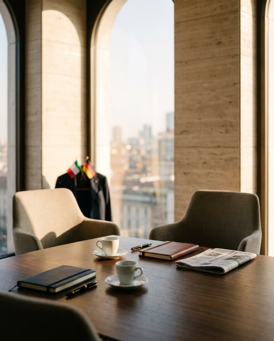Eleganter Mailänder Besprechungsraum mit zwei Espresso und italienisch-deutscher Beziehung