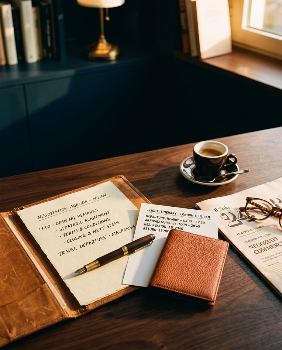 Schreibtisch mit Ledermappe, Verhandlungsagenda und Reiseunterlagen für ein Meeting in Mailand